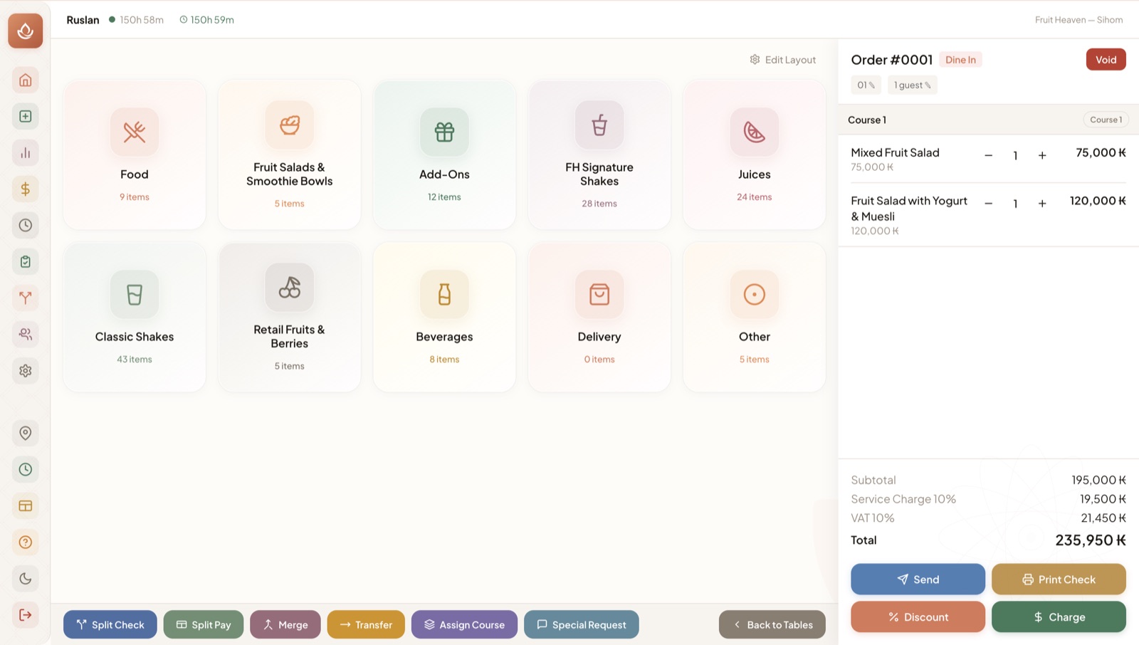 KinDee POS — order screen with menu categories and live check
